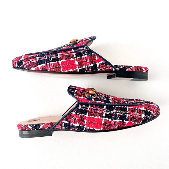 GUCCI || Princetown Red Blue Tweed Horsebit Loafer Mule Slipper Flat US 6.5 - Picture 9 of 12